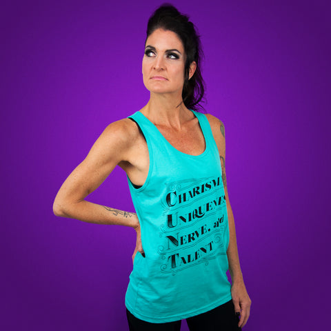 Charisma, Uniqueness, Nerve, And Talent Tank Top (Teal)